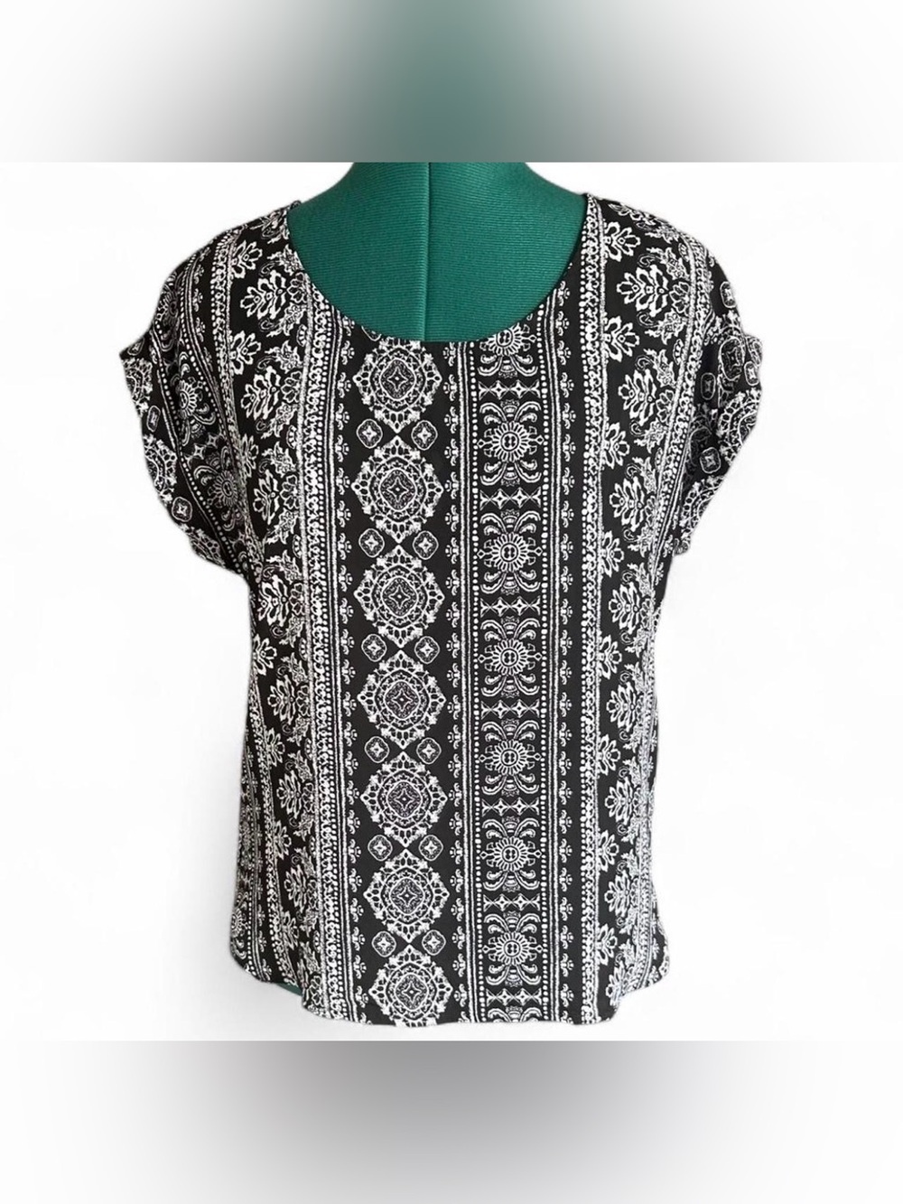 Pink Rose Black and White Printed Cap Sleeve Blouse